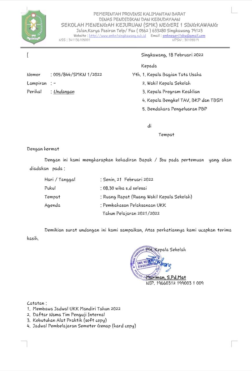 Pembahasan Pelaksanaan UKK TP 2021/2022 SMK Negeri 1 Singkawang